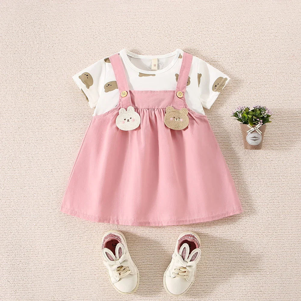 Summer Baby Girl Cotton Teddy Bear Printed Short Sleeved Dress For Girls Fake Two-Piece Strap Dress Cute Dress
