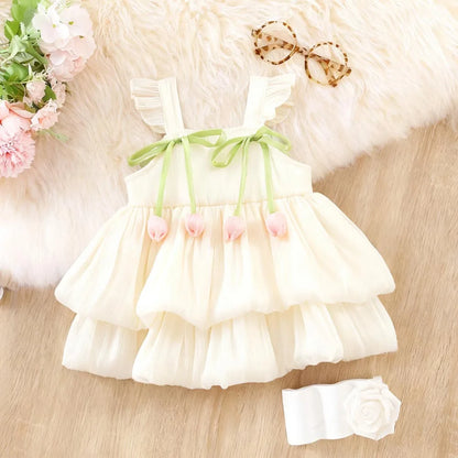 Baby Girl Dress Summer Solid Color Flower Small Fly Sleeve Girl Dress Cute Bow Baby Princess Dress Baby Girl Clothes ﻿