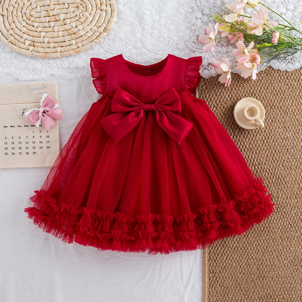 Summer New Sweet Bow Baby Girl Princess Dress, Solid Color Chiffon Children'S Clothing For Birthday Parties (9 Months -4 Years)