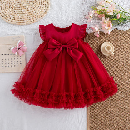 Summer New Sweet Bow Baby Girl Princess Dress, Solid Color Chiffon Children'S Clothing For Birthday Parties (9 Months -4 Years)