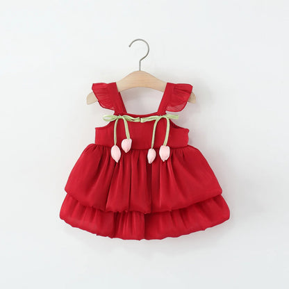 Baby Girl Dress Summer Solid Color Flower Small Fly Sleeve Girl Dress Cute Bow Baby Princess Dress Baby Girl Clothes ﻿
