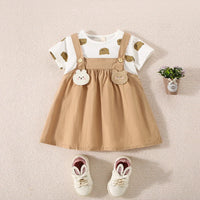 Summer Baby Girl Cotton Teddy Bear Printed Short Sleeved Dress For Girls Fake Two-Piece Strap Dress Cute Dress