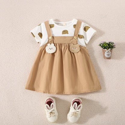 Summer Baby Girl Cotton Teddy Bear Printed Short Sleeved Dress For Girls Fake Two-Piece Strap Dress Cute Dress