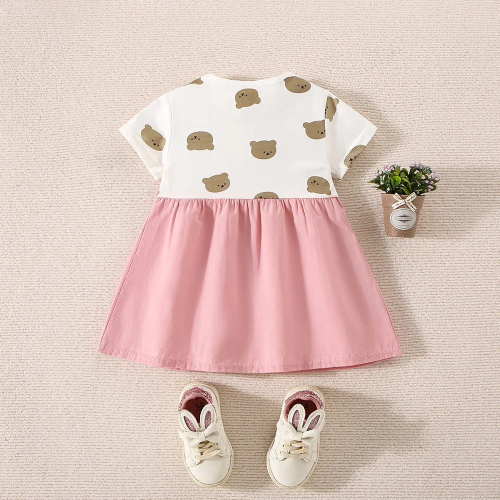 Summer Baby Girl Cotton Teddy Bear Printed Short Sleeved Dress For Girls Fake Two-Piece Strap Dress Cute Dress