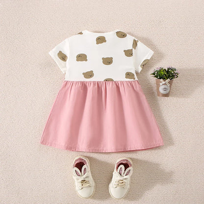 Summer Baby Girl Cotton Teddy Bear Printed Short Sleeved Dress For Girls Fake Two-Piece Strap Dress Cute Dress