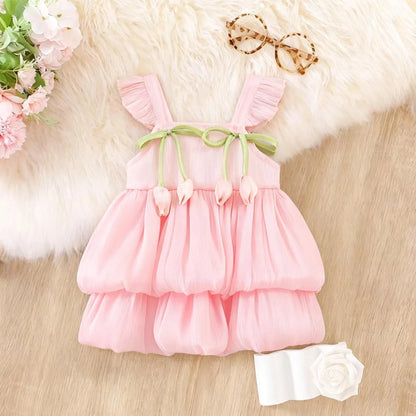 Baby Girl Dress Summer Solid Color Flower Small Fly Sleeve Girl Dress Cute Bow Baby Princess Dress Baby Girl Clothes ﻿