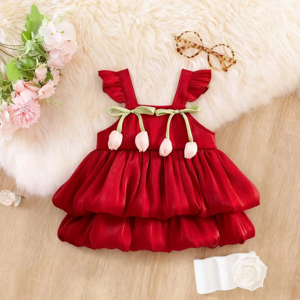 Baby Girl Dress Summer Solid Color Flower Small Fly Sleeve Girl Dress Cute Bow Baby Princess Dress Baby Girl Clothes ﻿