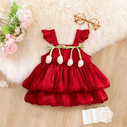 Baby Girl Dress Summer Solid Color Flower Small Fly Sleeve Girl Dress Cute Bow Baby Princess Dress Baby Girl Clothes ﻿