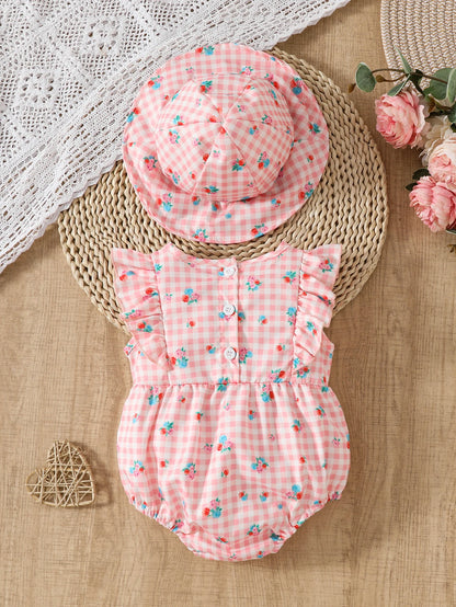 Cute Baby Girl's Summer Bestselling Round Neck Small Flutter Sleeve Infant Baby Romper with Hat, 2-Piece Set