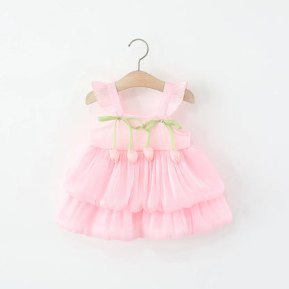 Baby Girl Dress Summer Solid Color Flower Small Fly Sleeve Girl Dress Cute Bow Baby Princess Dress Baby Girl Clothes ﻿