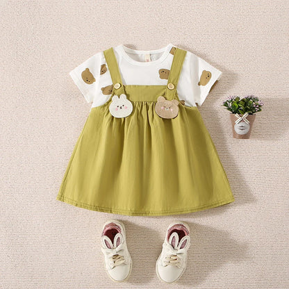Summer Baby Girl Cotton Teddy Bear Printed Short Sleeved Dress For Girls Fake Two-Piece Strap Dress Cute Dress