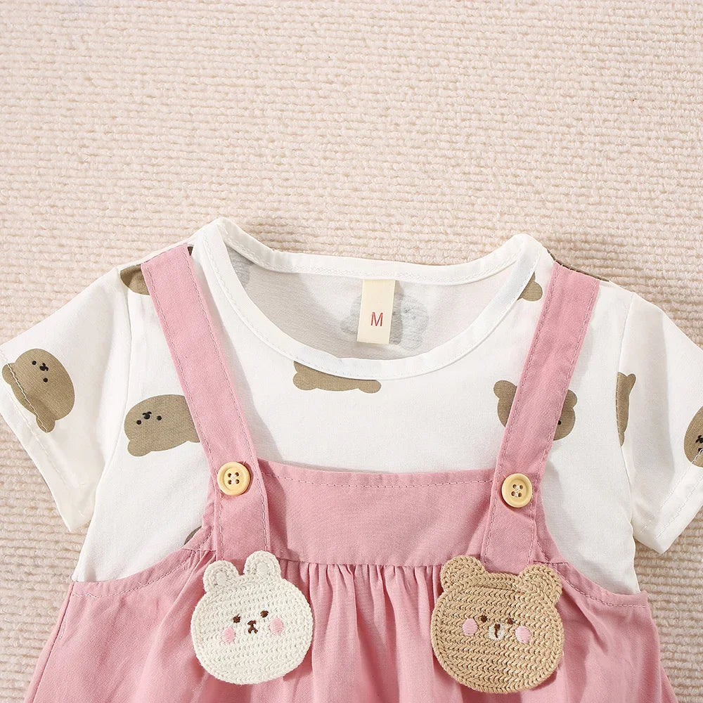 Summer Baby Girl Cotton Teddy Bear Printed Short Sleeved Dress For Girls Fake Two-Piece Strap Dress Cute Dress