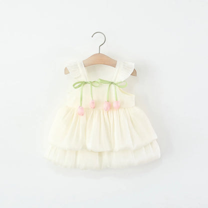 Baby Girl Dress Summer Solid Color Flower Small Fly Sleeve Girl Dress Cute Bow Baby Princess Dress Baby Girl Clothes ﻿